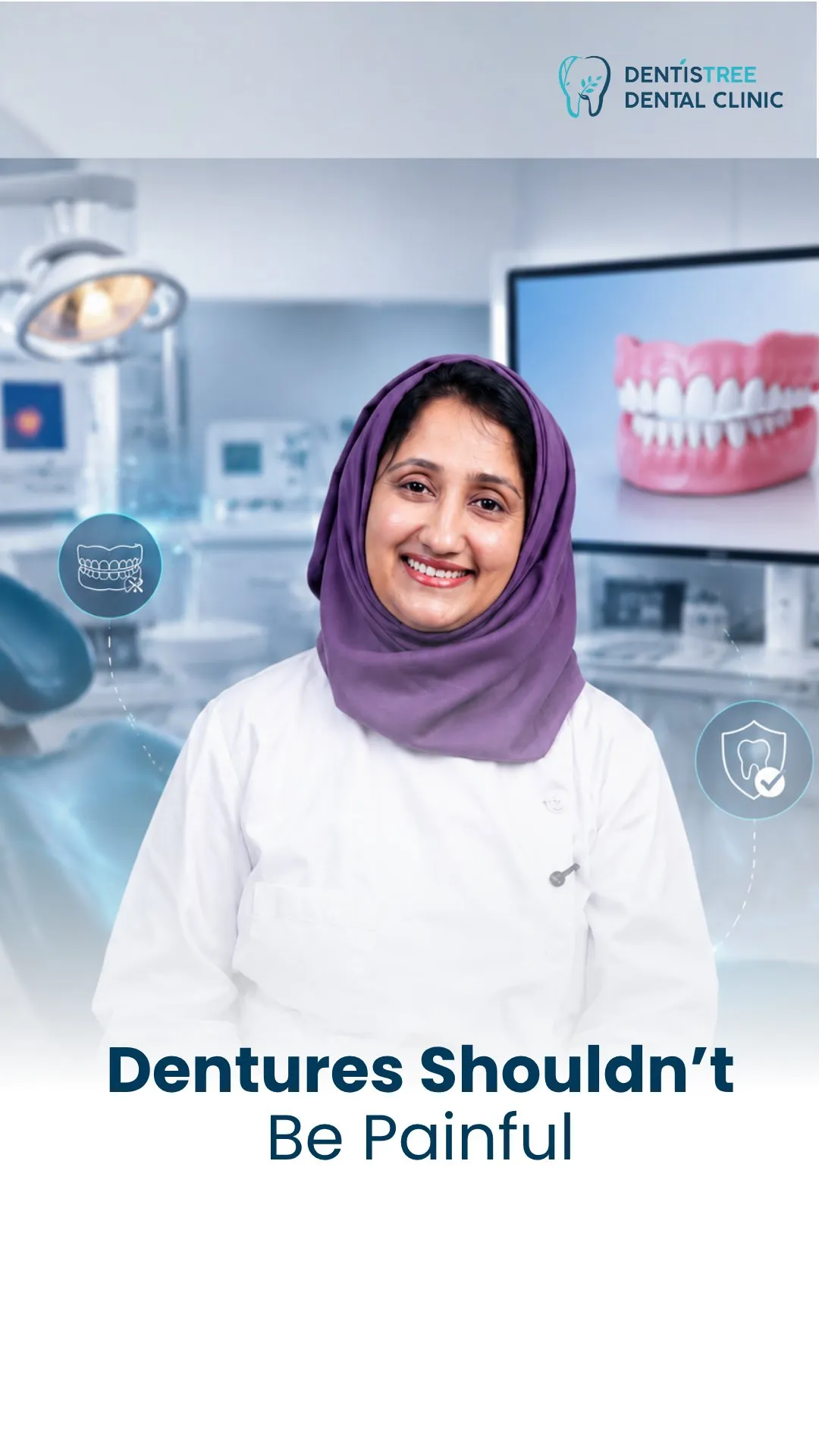 Dr. Rifat smiling in a dental clinic, with the words "Dentures shouldn’t be painful"